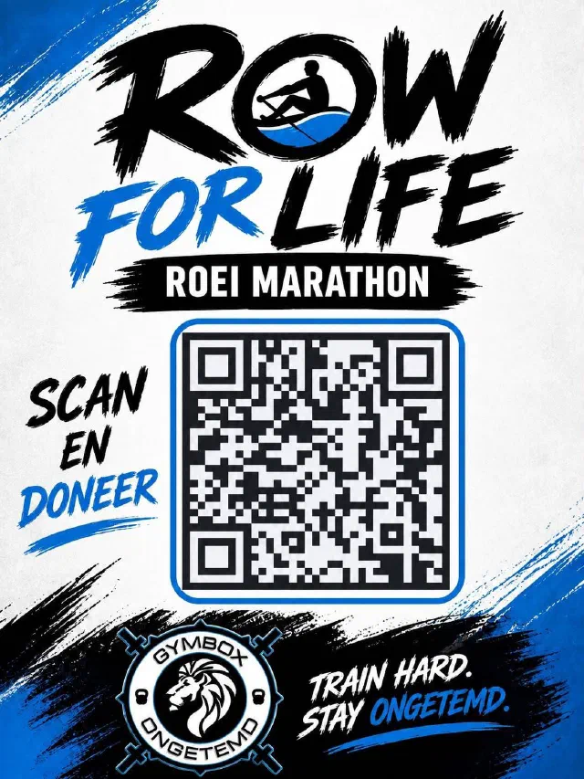 Poster van de Row for Life roeimarathon met een QR-code om te doneren